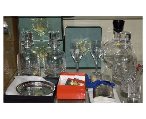 Selection of crystal glass and other giftware to include; three Burns Crystal glass decanters, boxed pair of thistle-engraved