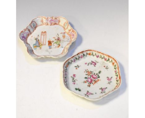 Two late 18th Century porcelain teapot stands of hexagonal design, one decorated in the Famille Rose palette with chinoiserie