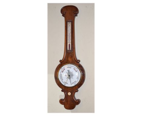 19th Century mahogany wheel barometer having alcohol thermometer fitted white ceramic dial, 92cm high  