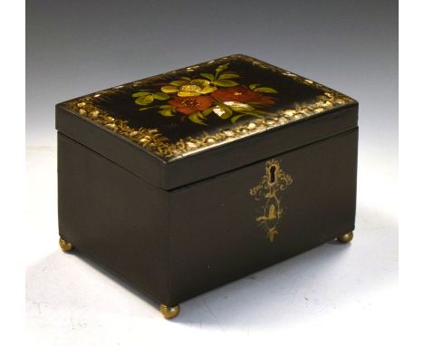 Victorian black-lacquered tea caddy, with hinged flower-painted cover enclosing two lidded compartments on ball feet, 17.5cm 