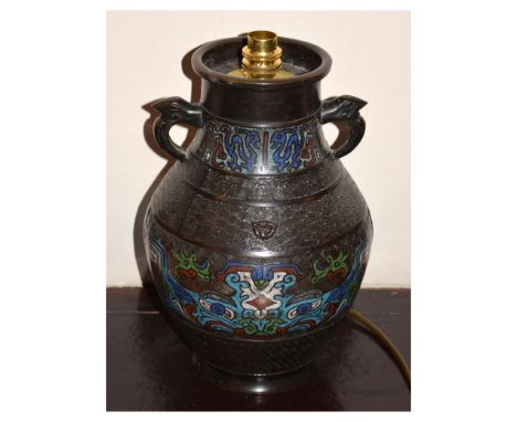 Cloisonné two handled vase converted to a table lamp, having grilled cable aperture and lacking base, 30cm high  