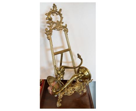 Brass easel stand and a pair of brass wall gas lights  