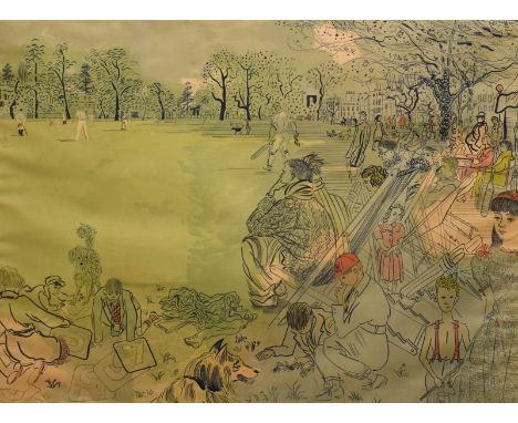 Anthony Gross (1905-1984) - Coloured lithograph - The Cricket Match, within a cushion moulded frame, 69.5cm x 93.5cm  