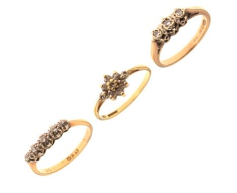 Three assorted diamond-set rings comprising, 18ct gold example, size K, yellow metal example stamped 18ct, size L, and a 9ct 