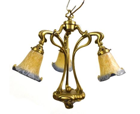 Reproduction brass Art Nouveau design three branch ceiling light fitting, fitted three marbled glass shades  