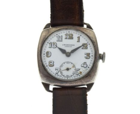 J.W. Benson, London - Early 20th Century silver-cased Trench-style wristwatch, white Arabic dial with luminous numerals and s