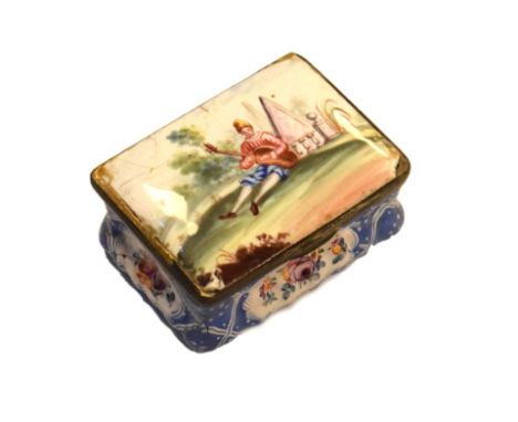 Late 18th/early 19th Century enamel box of rectangular form, the hinged cover decorated with a seated musician in a landscape