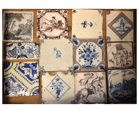 Group of 18th Century Delftware and other pottery tiles to include; seven manganese examples, Liverpool printed tile etc, to 