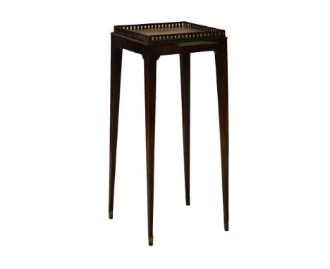 George III style mahogany kettle stand, the square top with brass gallery on square tapered supports, 28cm x 28cm  
