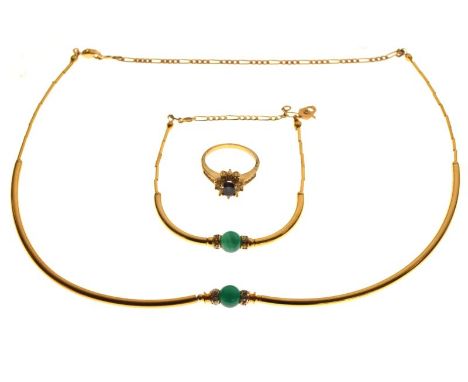 Yellow metal necklace and matching bracelet set green bead ornament between small diamond brilliants, stamped 14k, together w