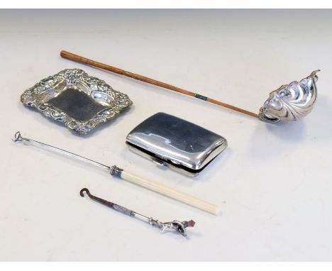 Collection of silver items to include; a George V silver cigarette case, Birmingham 1912, a white metal ladle, etc, 3.3toz gr