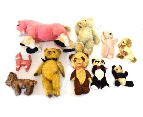 Quantity of vintage children's plush toys comprising: Pink horse, mohair teddy bear, pink pony, pandas etc (10 approx)  