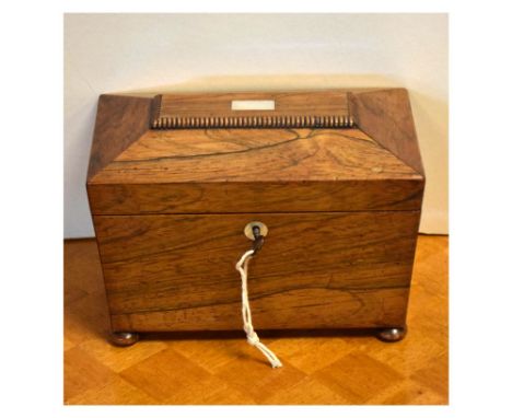 19th Century rosewood sarcophagus shaped two division tea caddy having hinged cover, 19cm wide  