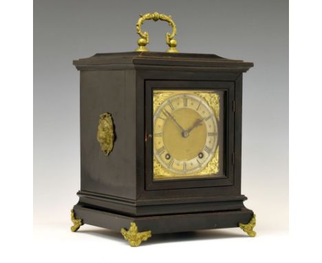Early 20th Century German ebonised two train mantel or bracket clock, Winterhalder &amp; Hoffmeier having 6" square brass dia