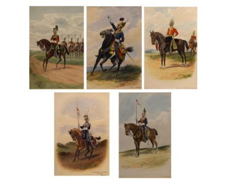 R. Moore - Set of five watercolour studies of Cavalry Officers, 5th Lancers, Polish Lancers, Lothians and Be???? Yeomanry, an