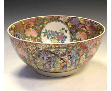 20th Century large Chinese bowl having hand painted Cantonese style enamel decoration of figures, flowers and foliage, 36cm d