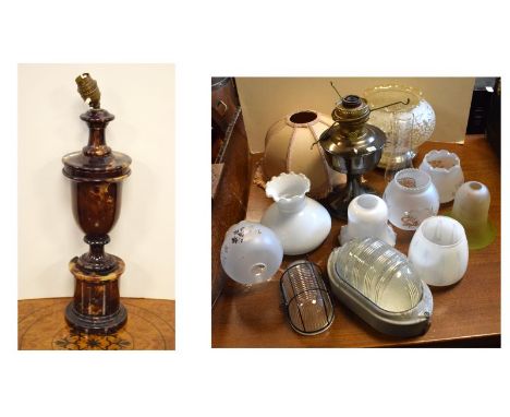 Alabaster table lamp, glass light shades etc  