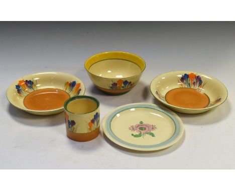 Four items of Clarice Cliff 'Crocus' pottery comprising: a pair of bowls, 20cm diameter, another, 16.5cm diameter, and a pres