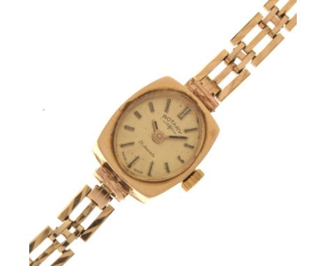 Rotary - Lady's 9ct gold wristwatch, oval dial marked 21 Jewels, 16mm wide excluding winder, to a 9ct gold flexible bracelet 