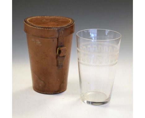 Early 20th Century hide-cased engraved glass tumbler or hunting glass, the case 14.5cm high  