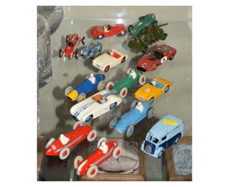 Collection of vintage Dinky die-cast model cars comprising: 22 Alfa Romeo, Morris 10 CWT van, 231 Maserati, Talbot Llego, 233