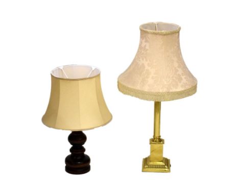 Brass column design table lamp with shade, overall height 86cm and one other turned wooden table lamp  