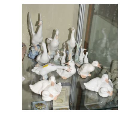 Group of Spanish porcelain ducks and geese to include; Lladro and Nao, largest 21cm high (110  