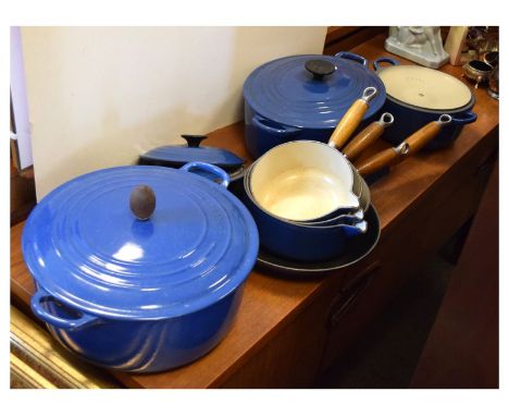 Quantity of Le Creuset blue enamel kitchen ware  