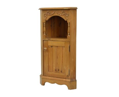 Pine floor standing corner cupboard with open shelf above, 92cm high  