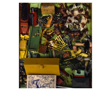 Large quantity of vintage Britain's hand painted lead farmyard figures comprising: horses, cows, farmyard workers, various bu
