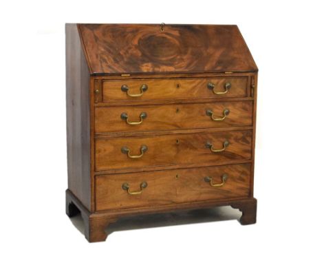 George III mahogany bureau with fall flap fitted four long drawers on bracket feet, 92.5cm wide  