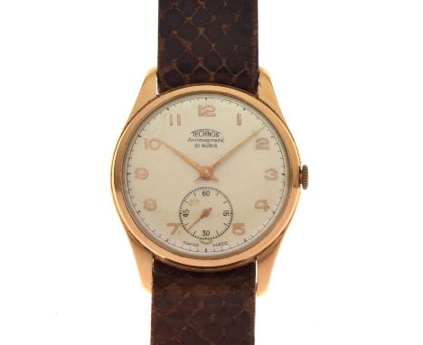 Technos - 18ct gold mid-size wristwatch circa 1960's, champagne Arabic dial with subsidiary at 6, inscribed Technos Antimagne