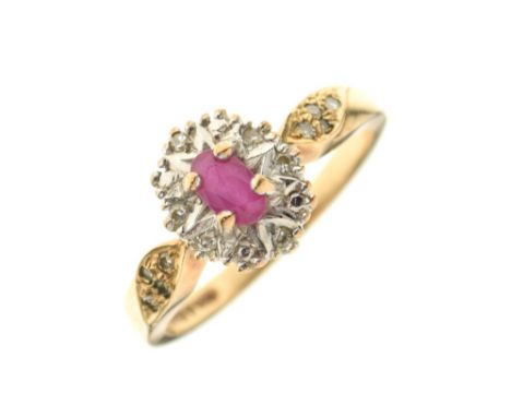 9ct gold, ruby and diamond dress ring set central faceted oval ruby within diamond border and shoulders, size N, 2.9g gross a