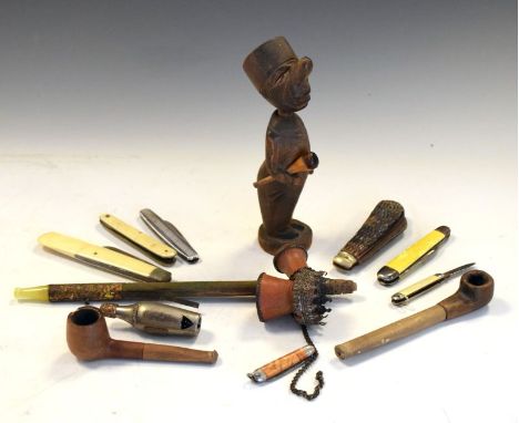 Group of vintage penknives to include a staghorn-cased example, together with sundry smoking-related items, pipes etc, and a 