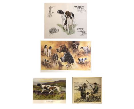 Six assorted prints to include four of gun dogs, the first a huntsman with spaniel signed Henry Wilkinson, 64/150, another of