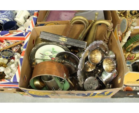 Box of metal & EPNS wares including 2 decanter labels