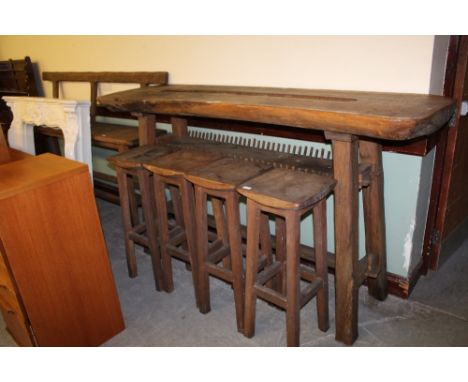 Oak bar, 4 stools & bench