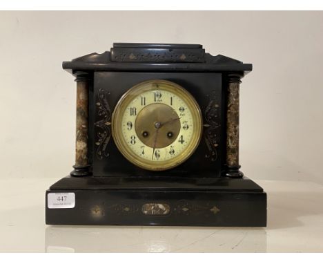 A late Victorian architectural slate mantel clock, with marble pilasters flanking an ivorine dial with Arabic chapter ring, e