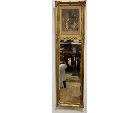 A 19thc rectangular framed twin panelled gilt composition wall mirror with the top panel with print after Ramant Foley Romane