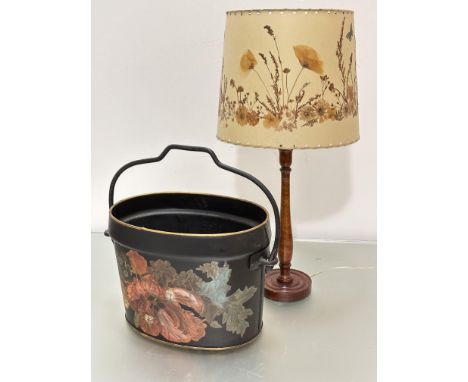 An Edwardian cast iron oval coal pail with loop handle to top with decoupage floral decoration (h - 25cm w- 33 d - 23cm), a t