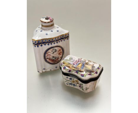 A French porcelain 19thc pill box, the brass mounted hinged cover depicting a courting couple, enclosed within a scrolling le