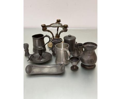 A gilt metal tripod cake stand base, collection of pewter including chamber candlestick, tankards, pepperette, candle snuffer