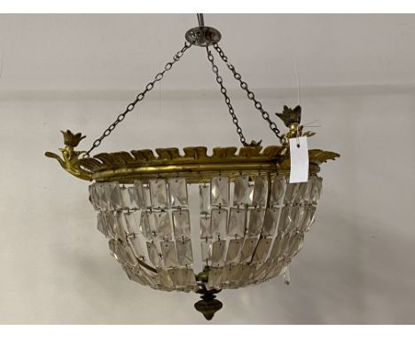An Edwardian floral cast gilt brass ceiling pendent light fitting, with multiple glass lustre chains, D55cm