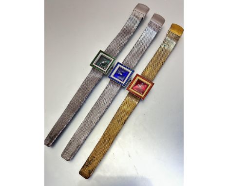 A set of three Jean Perriet of Geneva Lady's dress watches including a green enamel dial and bordered square faced watch on s