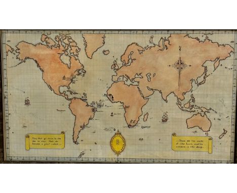 A hand-drawn map by R Charmers, HMS Alcantara RNVR, 41,42 and 43, pen and ink highlighted with colour, glazed frame, (interna