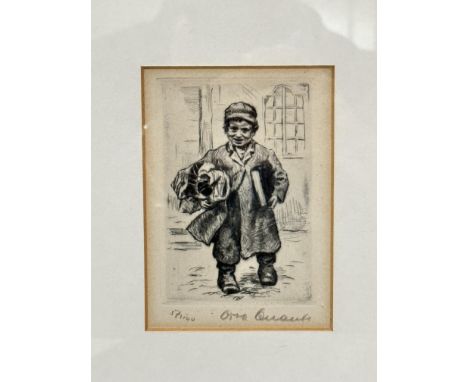 Otto Quante, (German 1879-1947), little boy in cap and coat in oversized boots, etching, 37/100, signed in pencil bottom righ