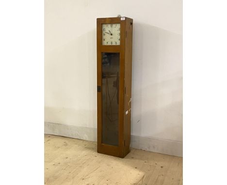 A 1950s Gents of Leicester longcase clock, white dial with Arabic chapter ring, beech case with glazed door, no key H133cm