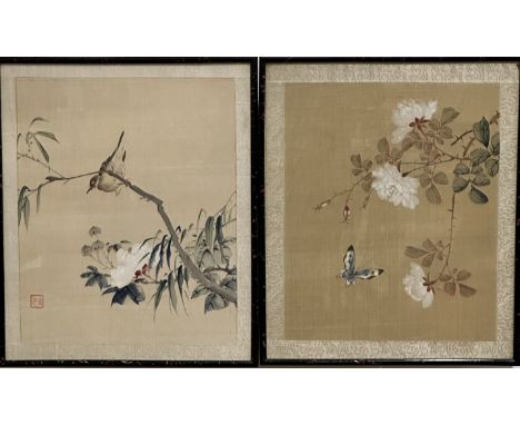 Two 1920's Chinese paintings on silk depicting a song bird on a tree peony, signed with seal mark bottom left, (internal 34cm
