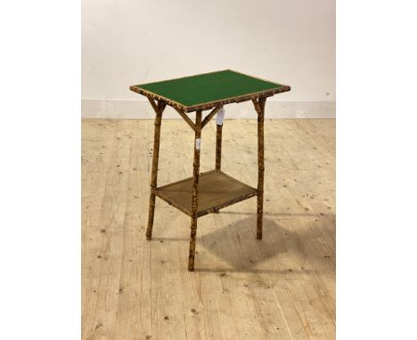 A late 19th century bamboo card table, the baize lined top over splayed supports united by an under tier, H68cm, W50cm, D35cm