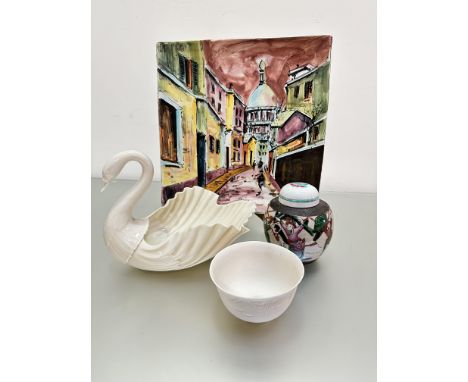 An Italian handpainted pottery plaque, signed indistinctly bottom right, (h 37cm2) Lenox white ceramic swan fruit dish, (h 22